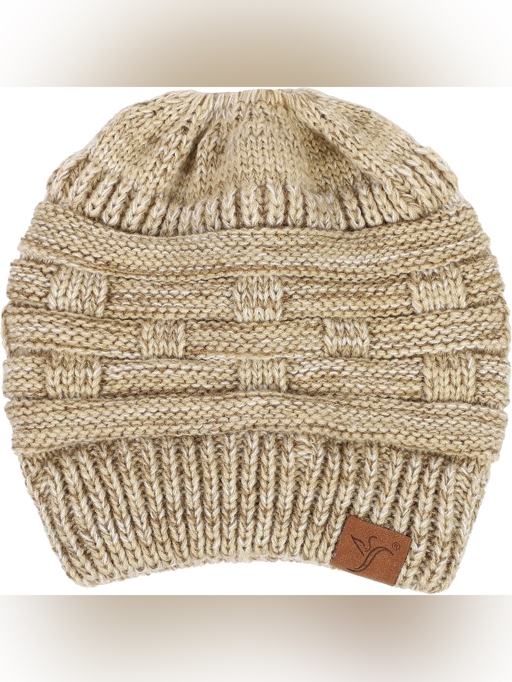 Chunky Knit Beanie in Tan with Leather Logo Patch